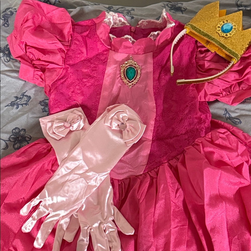 Pink Princess Costume with Crown and Gloves